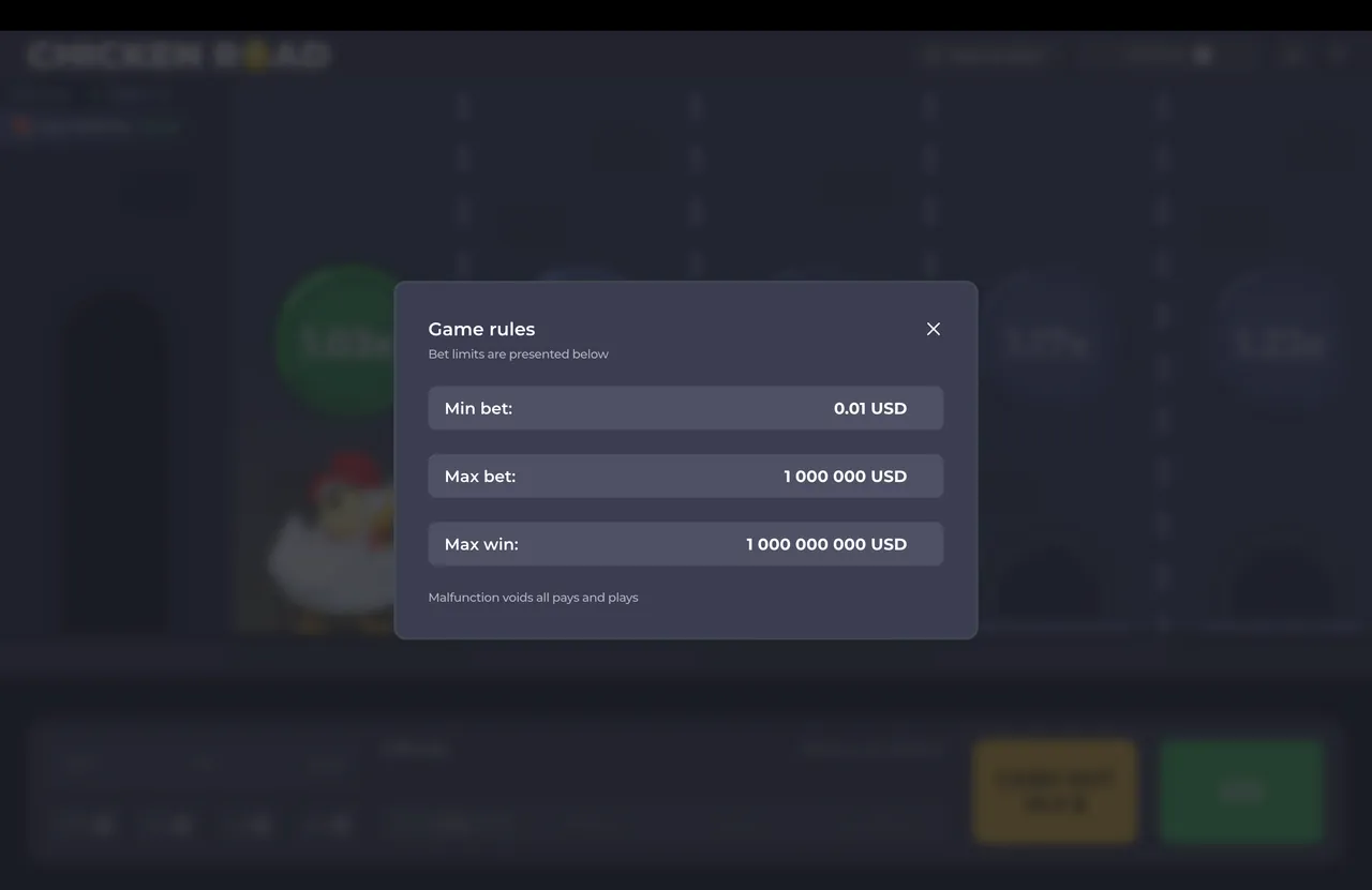 Panel de apuesta y selector de dificultad de Chicken Road